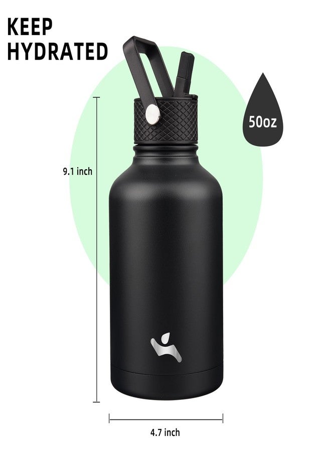 Konokyo Insulated Water Bottle with Straw,50 oz 3 Lids Water Jug with Carrying Bag,Paracord Handle,Double Wall Vacuum Stainless Steel Metal Flask,Black - Image 3